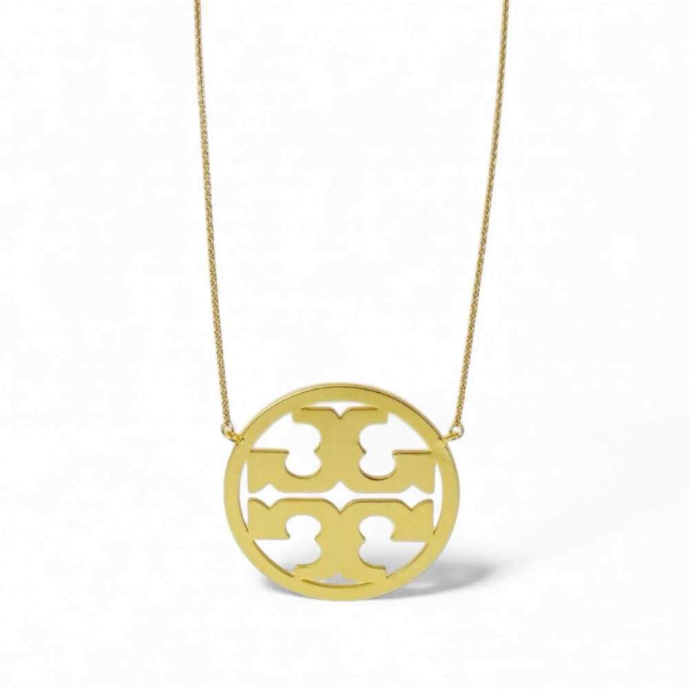 Tory Burch Miller Large Logo Pendant Necklace Gold Tone Chain.